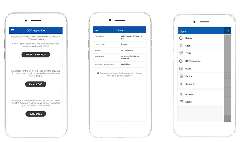 KZK8 ELD inspection and menu screens