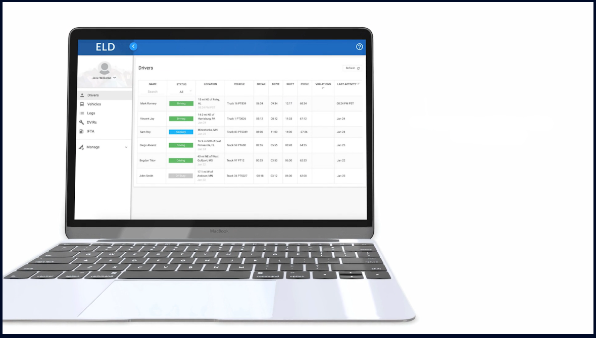 KZK8 ELD web dashboard on laptop